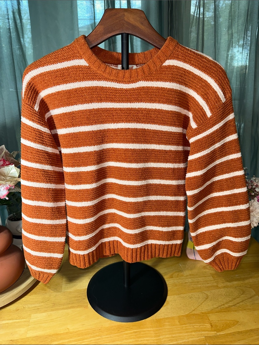 Cat & Jack Orange and White Striped Kids Sweater with glitter.